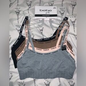 Bebe Girls Seamless Bralette Set in Gray, Black, Pink, and Tan (M)